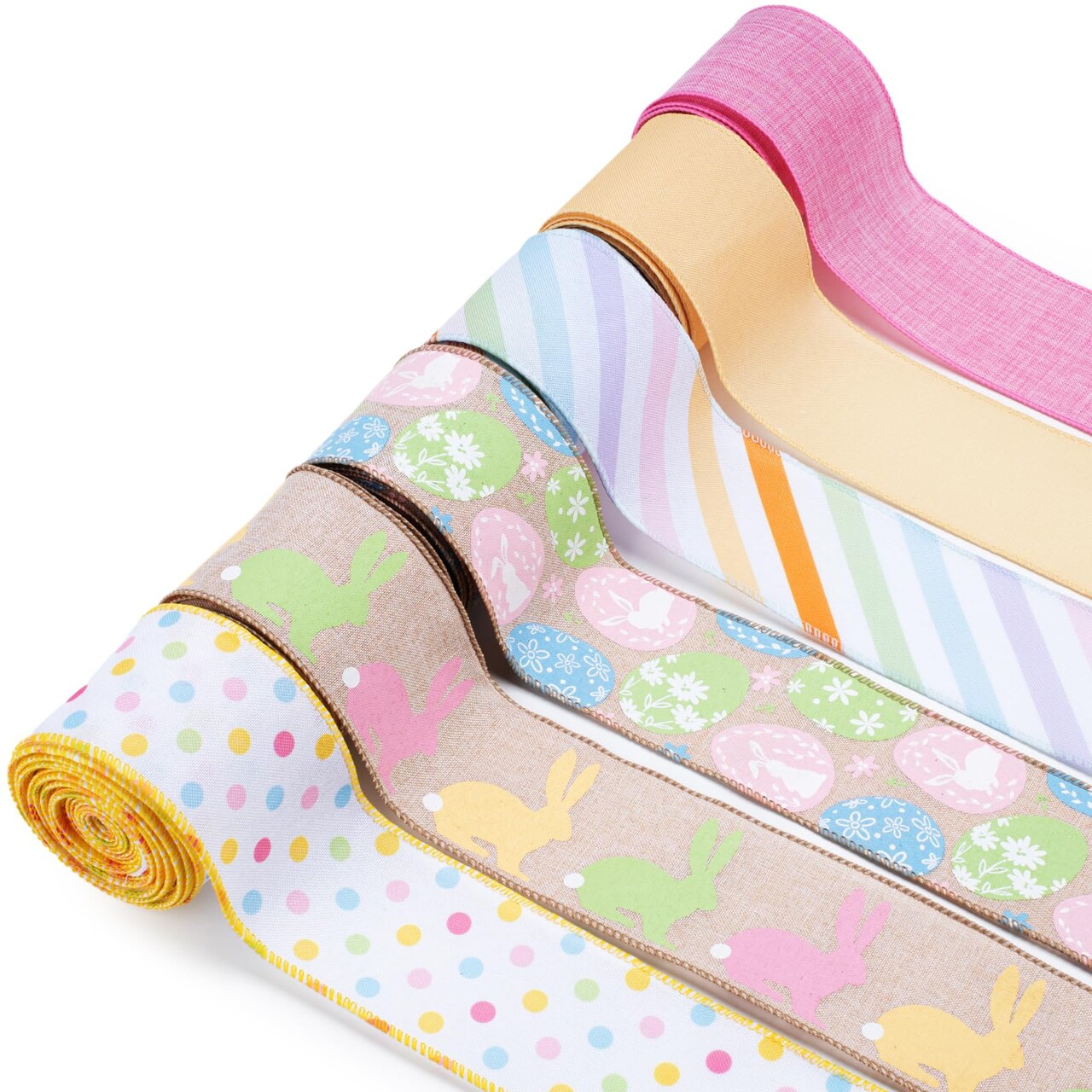 Easter Ribbon Wired 6 Rolls 2.5 Inch x 36 Yards TTL, Eggs and Bunny Easter Ribbons for Baskets, Striped and Polka Dot Wide Ribbons for Crafts Spring Wreath Gift Wrapping Bow Decoration
